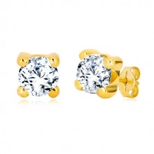 Yellow 375 gold earrings - glittery round zircon in square mount, 6 mm