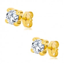 Yellow 375 gold earrings - round zircon of clear colour in square mount, 4 mm