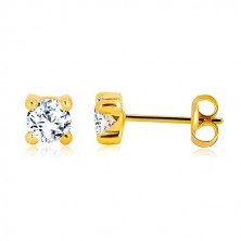 Yellow 375 gold earrings - round zircon of clear colour in square mount, 4 mm