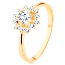 Ring made of yellow 9K gold - clear zircon sun, glossy narrow shoulders