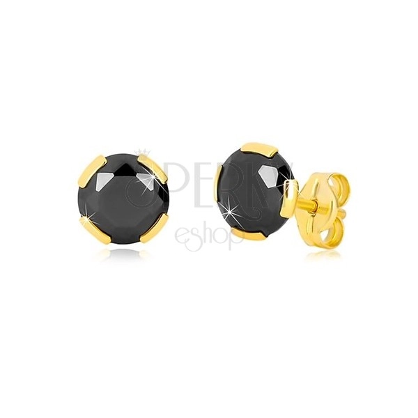 Yellow 375 gold earrings - cut round zircon of black colour, 6 mm