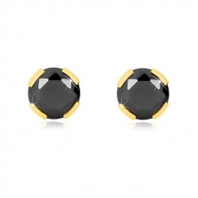 Yellow 375 gold earrings - cut round zircon of black colour, 6 mm