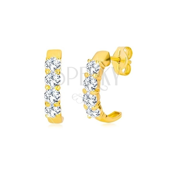Yellow 9K gold studs - semi-circles with clear round zircons