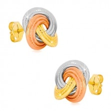 14K combined gold earrings - three-coloured knot, wider knurl ringlets