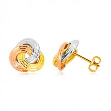 14K combined gold earrings - three-coloured knot, wider knurl ringlets