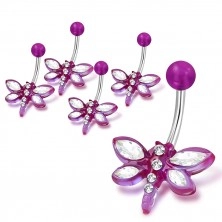 Belly piercing, stainless steel and acrylic - purple dragon-fly with zircons
