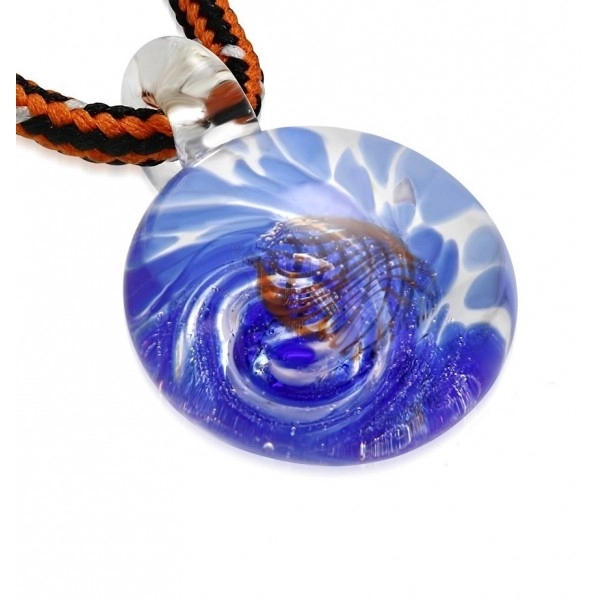 Cord necklace - coloured glass with spiral of blue colour, orange waves