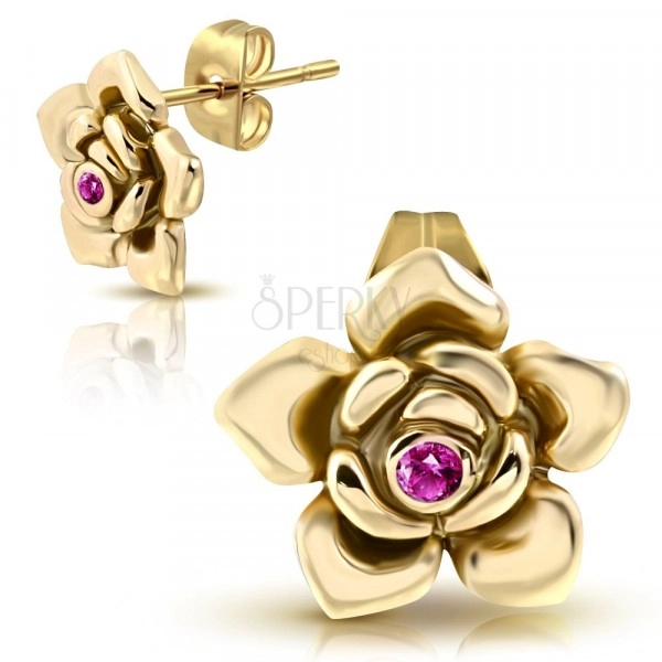 Steel earrings of glod colour - decoratively carved rose in bloom, zircon of pink colour