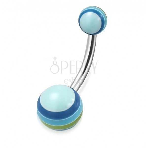 Belly piercing - light blue balls with multicoloured stripes