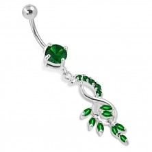 Belly steel piercing - bunch of grapes, hanging eight, zircons of emerald green colour zirkóny