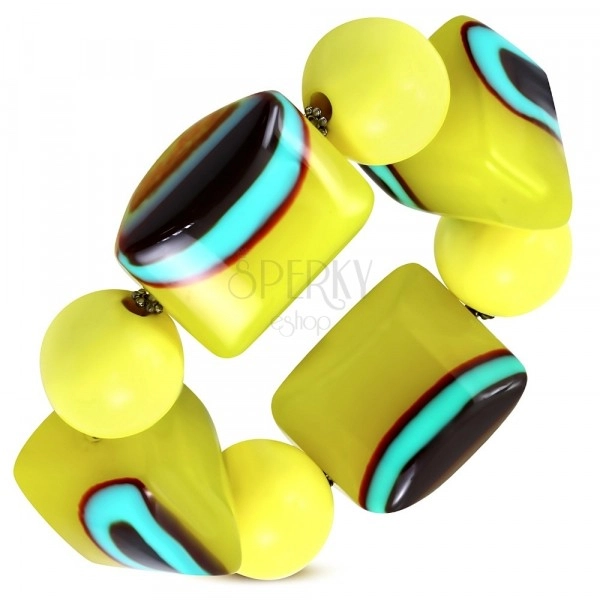 Elastic bracelet - yellow balls, beads made of milk glass, turquoise-brown eyes 