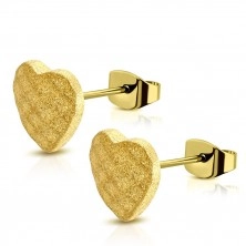 Steel earrings of gold colour - symmetric sand heart, grid, studs