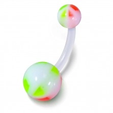 Belly piercing, bioflex and acrylic - bent barbell, balls, red-green butterfly