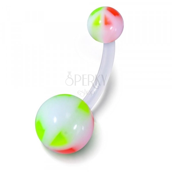 Belly piercing, bioflex and acrylic - bent barbell, balls, red-green butterfly