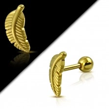 Stainless steel tragus piercing - bird feather, gold colour
