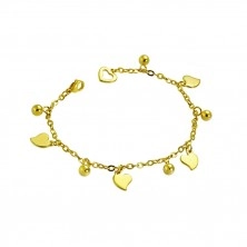 Stainless steel bracelet in gold hue - asymmetric hearts and balls