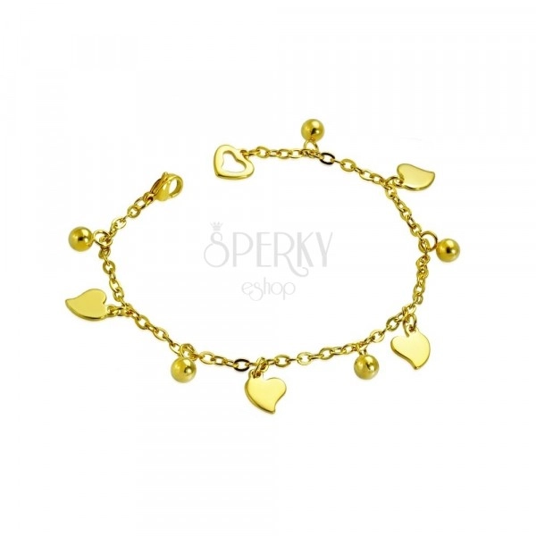 Stainless steel bracelet in gold hue - asymmetric hearts and balls