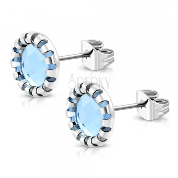 Stainless steel earrings - carved flower, light blue stone, studs