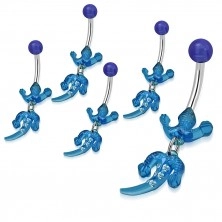 Belly piercing, stainless steel and acryl - lizard of blue colour, clear zircons