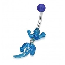 Belly piercing, stainless steel and acryl - lizard of blue colour, clear zircons