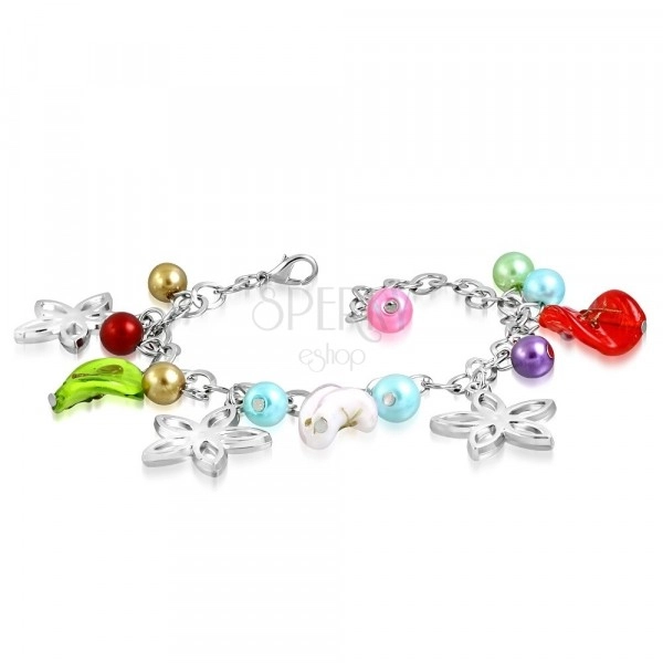 Bracelet with pendants - flower contours, twisted beads with roses, artificial pearls