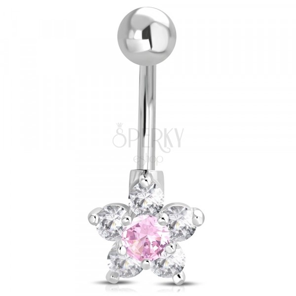 Steel belly piercing - ball, pink-clear zircon flower