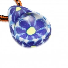 Cord necklace - FIMO tear with blue flowers, glass ball