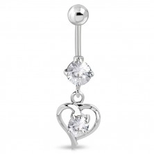 Stainless steel belly piercing - heart ribbon with glittery zircon