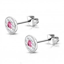 Steel earrings - flower with Swarovski® components, pink zircon, 7 mm