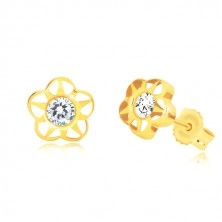 Yellow 585 gold earrings - flower with five petals and zircon, notches