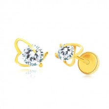 Yellow 14K gold earrings - asymmetric heart contour, glittery zircon, screw back earrings