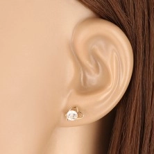 Yellow 14K gold earrings - asymmetric heart contour, glittery zircon, screw back earrings