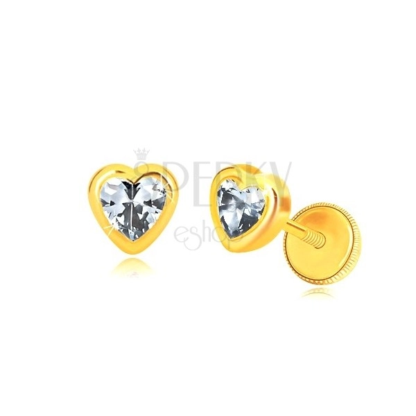 Yellow 585 gold earrings - glossy symmetric heart contour, heart zircon, screw back earrings