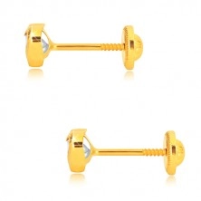 Yellow 585 gold earrings - glossy symmetric heart contour, heart zircon, screw back earrings
