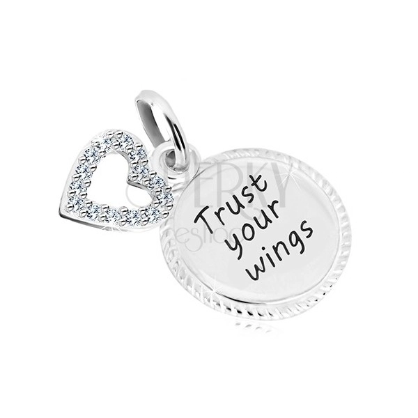 925 silver pendant - circle with inscription "Trust your wings", heart contour with zircons