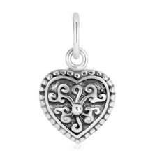 925 silver penant - symmetric heart, ornament flowr with ball, patina