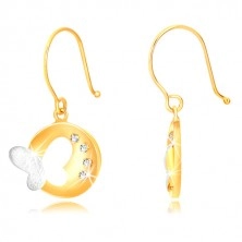 Combined 375 gold earrings - glossy circle with butterfly and zircons