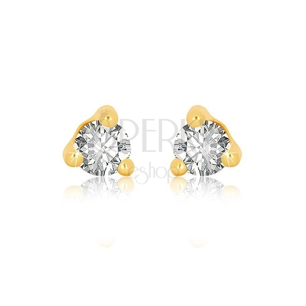Yellow 9K gold earrings - clear round zircon in triangle mount