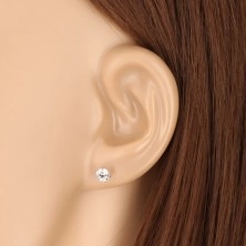 White 9K gold earrings - glittery zircon gripped with six prongs, 5 mm