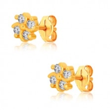 Yellow 375 gold earrings - flower with four zircons and lines slightly twisted