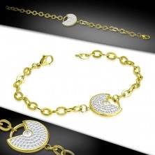 Steel bracelet in gold colour - decorative circle with a notch, clear glittery zircons