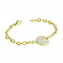 Steel bracelet in gold colour - decorative circle with a notch, clear glittery zircons
