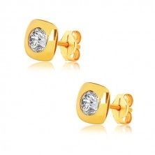 Yellow 9K gold earrings - glossy square with round edges and zircon