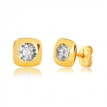 Yellow 9K gold earrings - glossy square with round edges and zircon