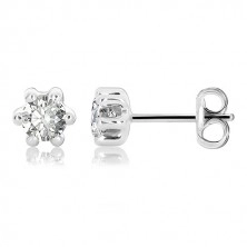 White 375 gold earrings - cut round zircons gripped with six prongs, 5 mm