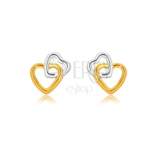 Combined 9K gold earrings - heart contours interconnected together, studs