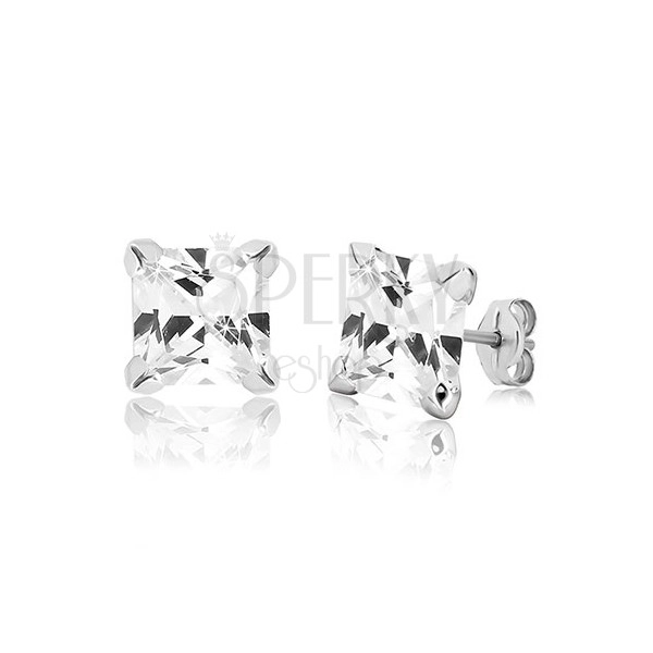 White 9K gold earrings - clear zircon square gripped with four prongs, 8 mm