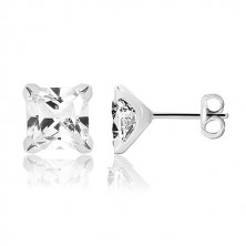 White 9K gold earrings - clear zircon square gripped with four prongs, 8 mm