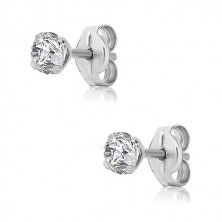 White 375 gold earrings - round zircon in transparent hue, four sticks, 3 mm