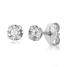 White 375 gold earrings - round zircon in transparent hue, four sticks, 3 mm